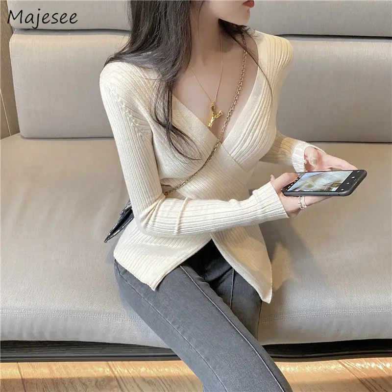 

Pullovers Womens Solid Elegant Sexy Ladies V-neck Slim Criss Cross Irregular Knitted Trendy All-match Casual Daily Female Skinny