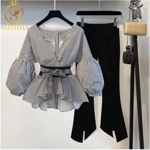 Женские топы и блузы больших размеров SMTHMA, Летние повседневные комплекты женской одежды больших размеров, из 2 предметов, женский комплект со штанами с широкими штанинами