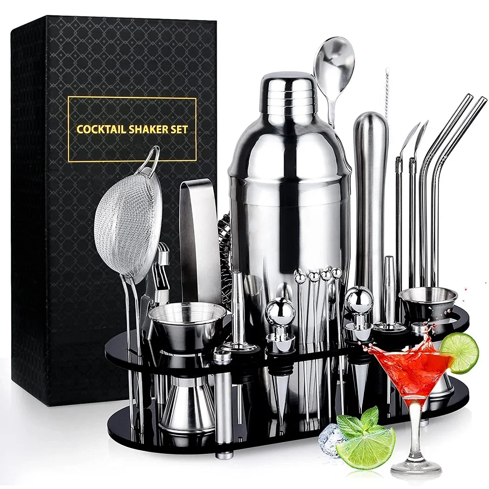 

Cocktail Shaker Set 25 PCS Bartender Kit with Stylish Acrylic Stand & Cocktail Recipes Booklet Shaker Set for Home Bar Party