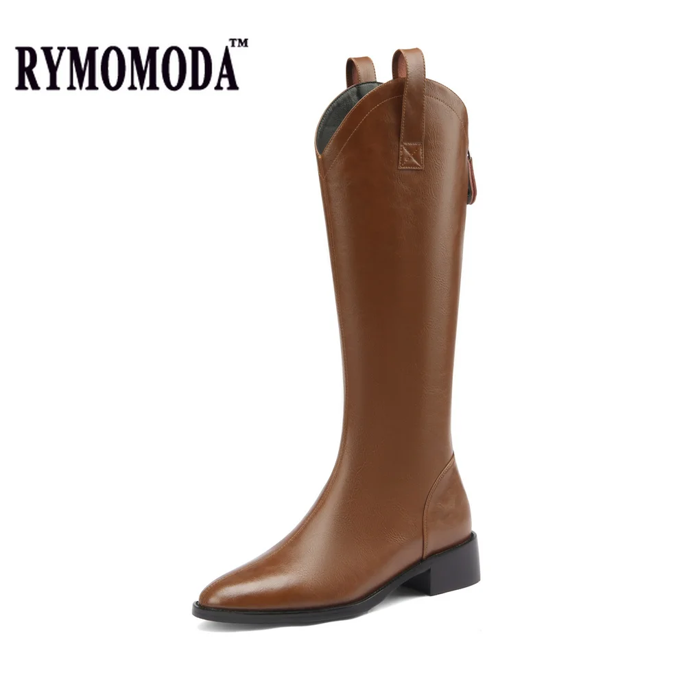 

RYMOMODA Women Handmade Cow Split Leather Knee High Western Boots 2021 Autumn Winter 3cm Low Heel Long Boot Sexy Goth Shoes
