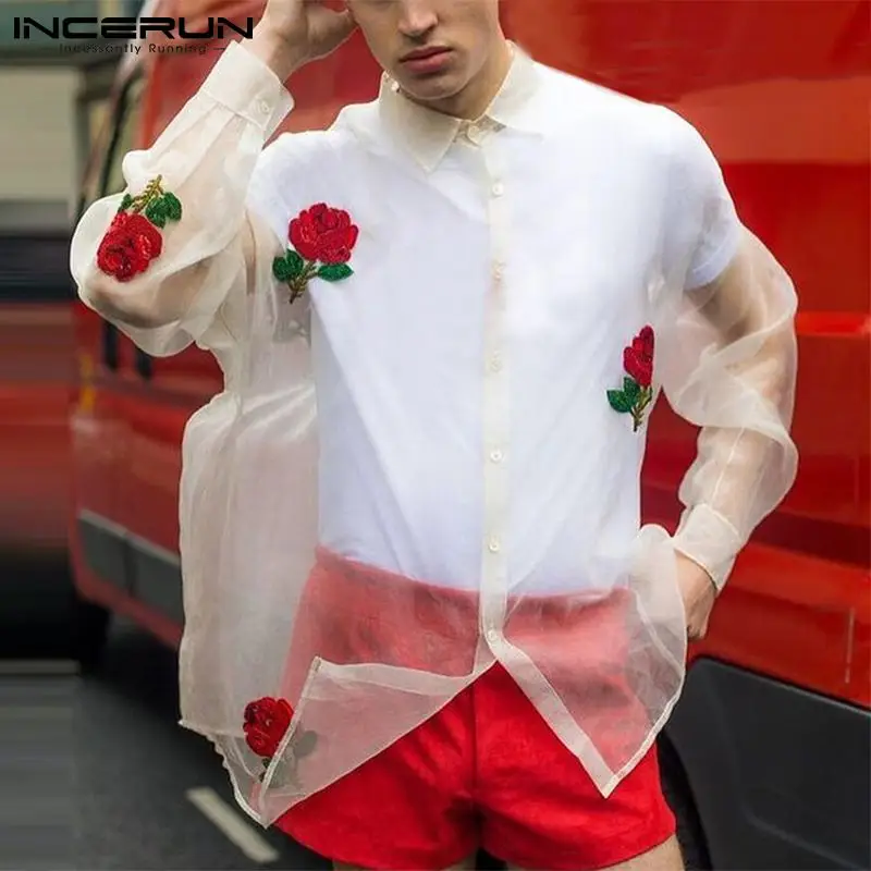

Мужская сетчатая прозрачная рубашка с цветочной вышивкой и длинным рукавом, мужская одежда 2021, уличная одежда, сексуальные топы для вечерин...