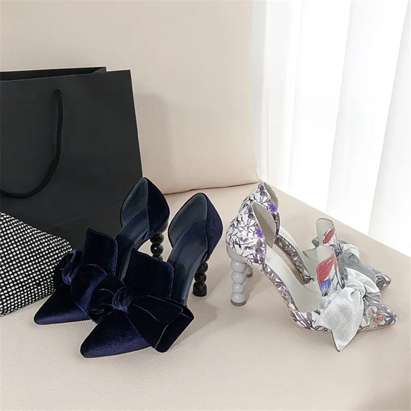 

Designer Heel Women Pumps Pearl Decor 9CM High Heels Pointed Toe Bowknot Velvet Stiletto Prom Dress Shoes Woman