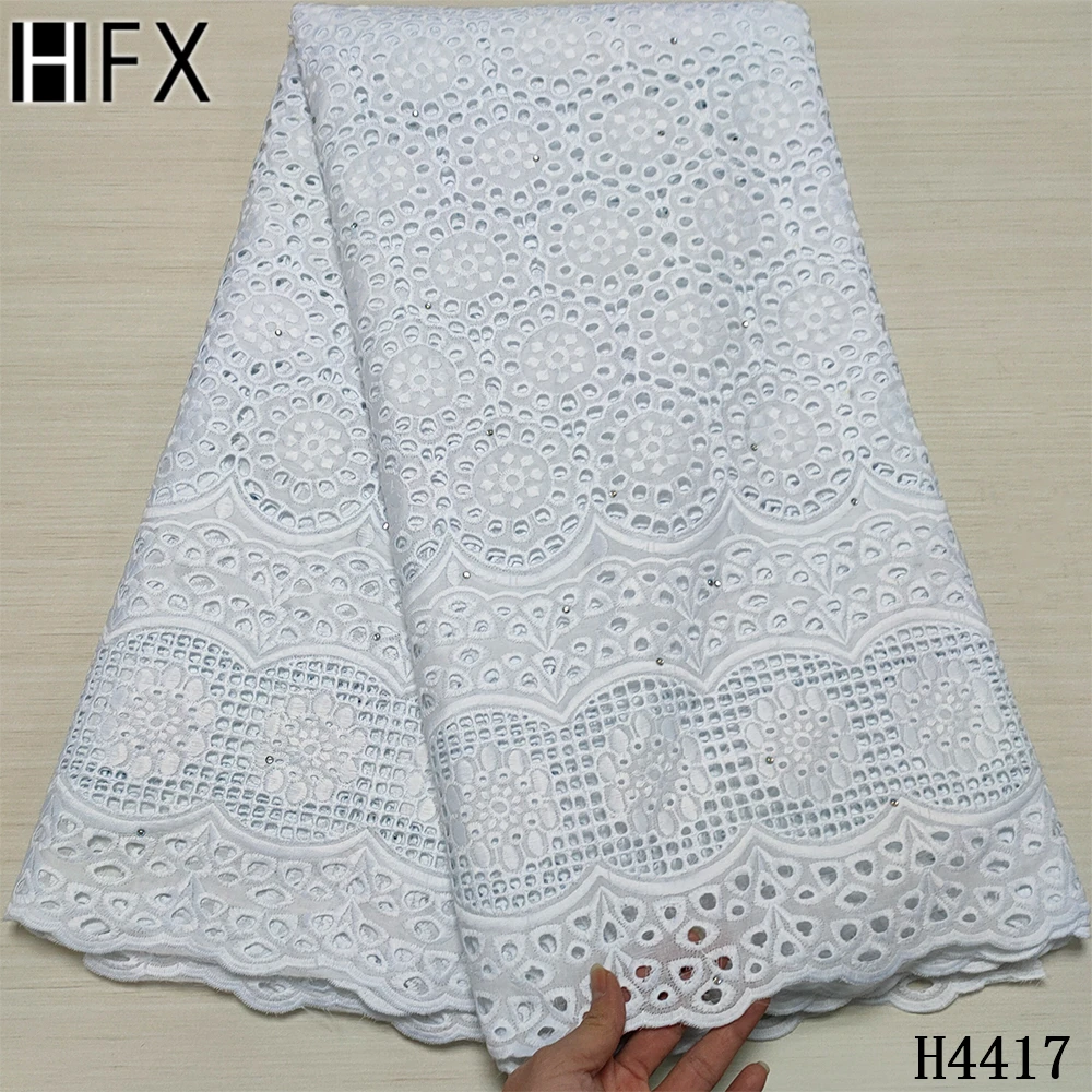 

HFX Pure White Dry Lace Fabric 2020 High Quality Lace Cotton Lace Fabric African Swiss Voile Lace With Stones For Garment F4417