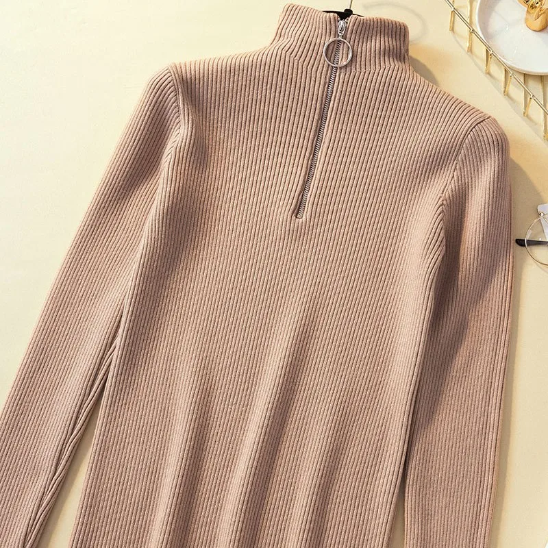 

Zipper Turtleneck Sweater Women Casual Fall Winter Sweaters Tops Pullover Jumper Knitted Sweater