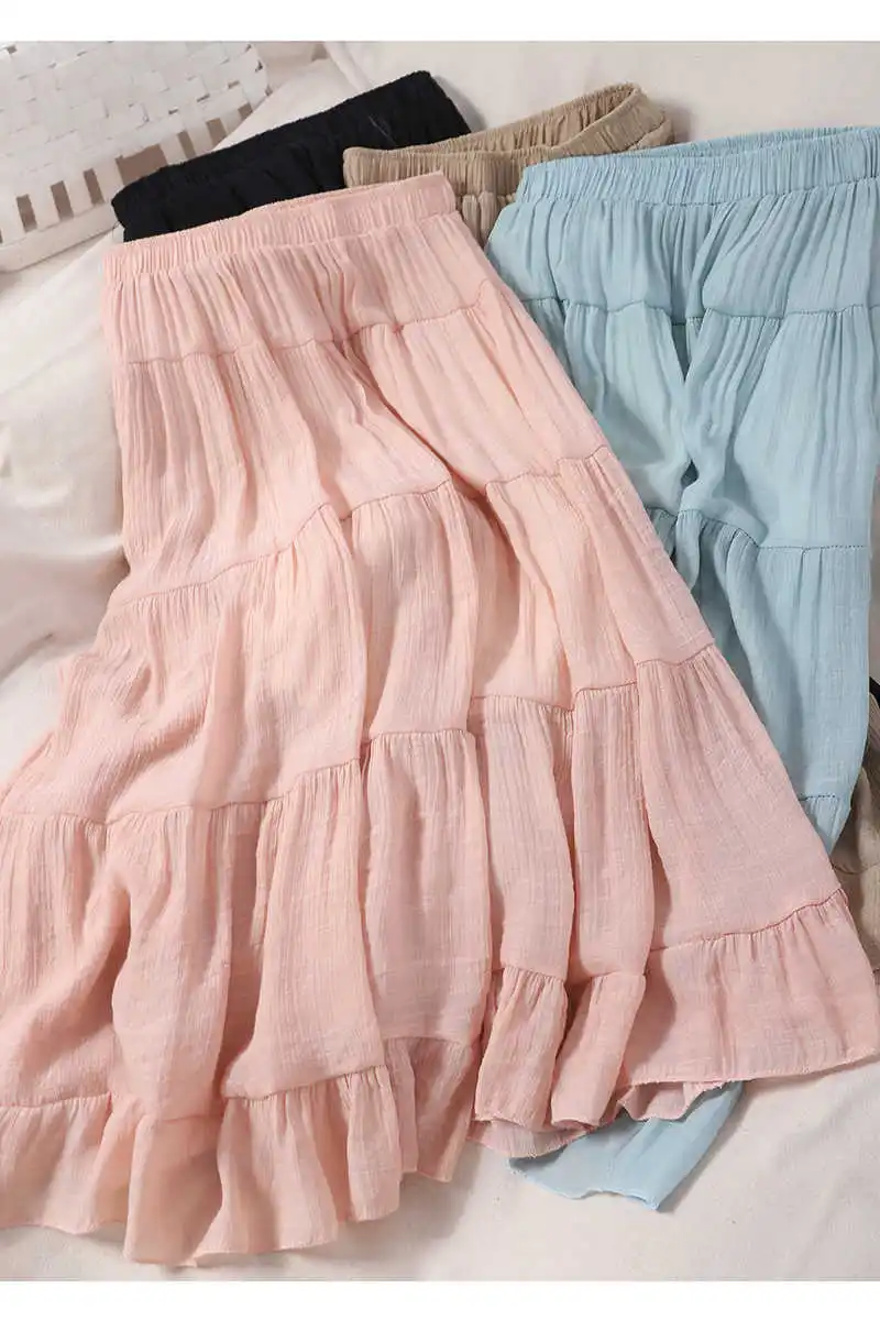 

Summer dress is versatile, simple and thin, large swing skirt, elastic high waist, pure color, sweet Ruffle Skirt, Korean Knee