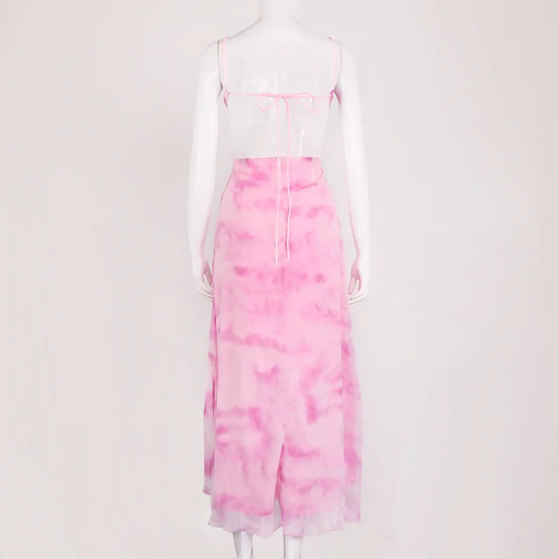 

Women Sexy Tie Dye Print Backless Cross Lace Up V Neck High Slit High Low Long Dress Summer Vacation Hollow Out Cami Maxi Dress