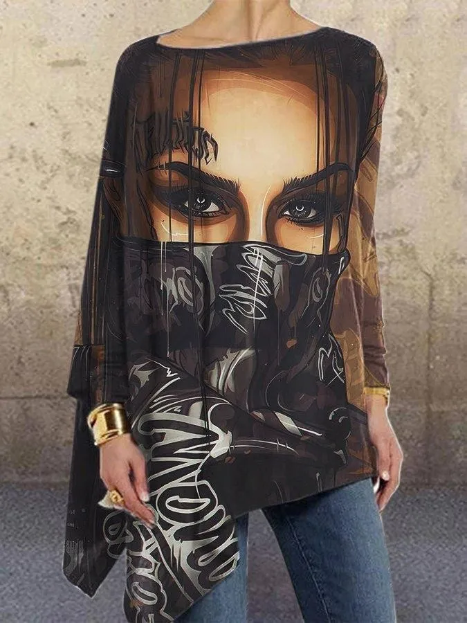 

В винтажном стиле, с абстрактным принтом рубашка с длинными рукавами для женщин Элегантный платье с круглым вырезом Свободные Длинные Топы ...