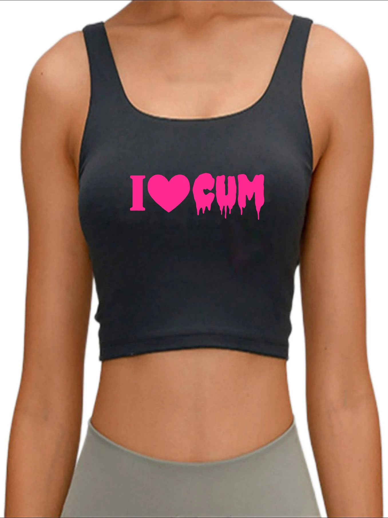 

I Love Cum Print Tank Top Adult Humor Fun Flirty Harajuku Print Yoga Sports Workout Crop Top Women's Gym Tops