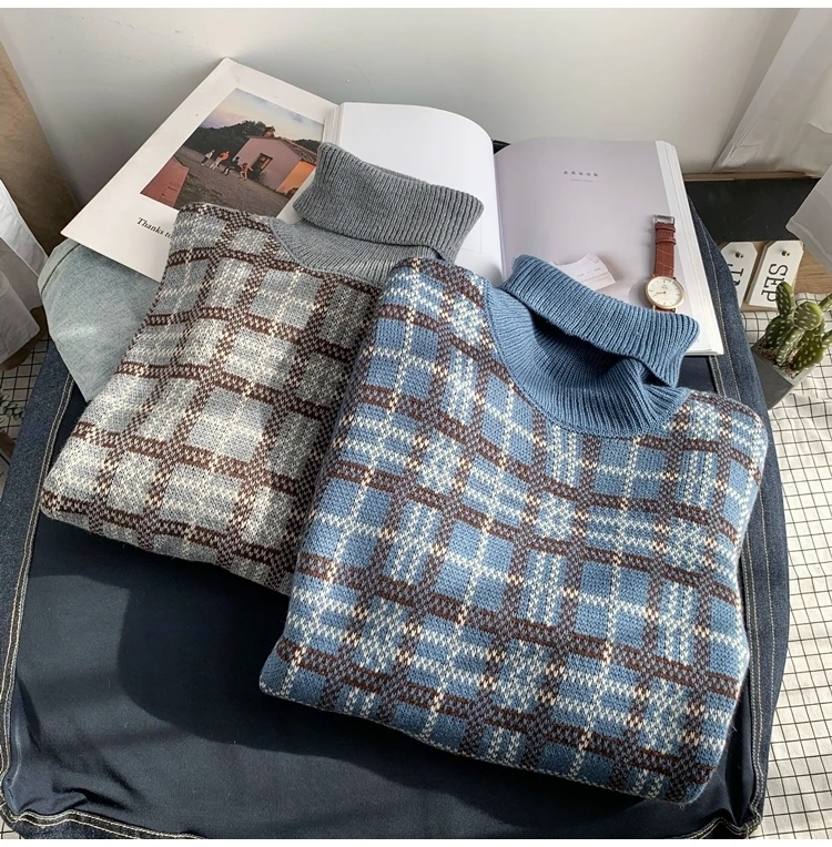 Winter Turtleneck Sweater Men's Warm Fashion Casual Retro Knit Pullover Men Streetwear Plaid Sweater Male Sweter Clothes