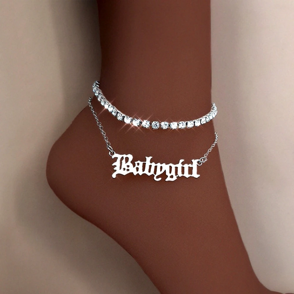 

Flatfoosie 2Pcs/set Punk Babygirl Angel Letter Anklets for Women Big Butterfly Rhinestone Ankle Bracelet Barefoot Chain Jewelry