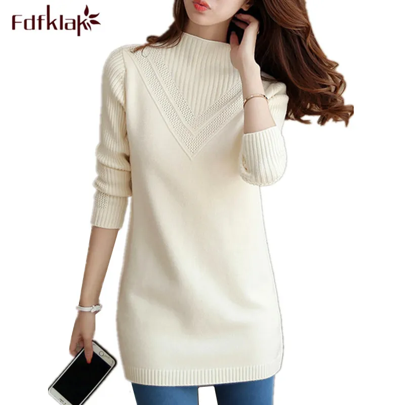 Fdfklak Spring Autumn New Turtleneck Sweater Women Korean Loose Medium Long Thick Knit Top Pullover Bottoming Sweaters Pull