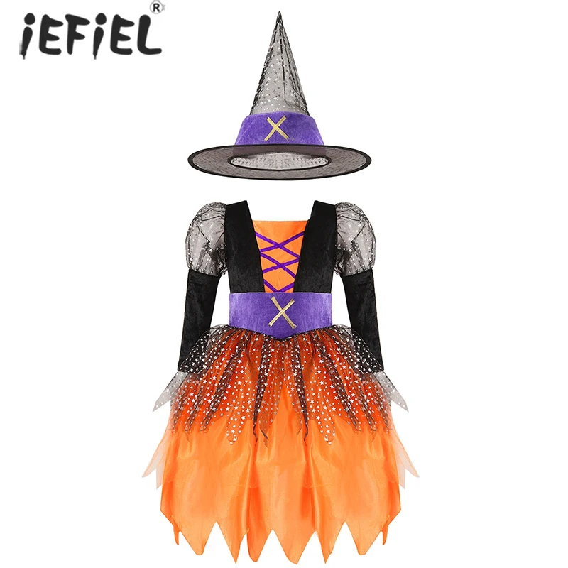 

Детский костюм ведьмы для косплея, блестящее серебристое платье с принтом звезд и заостренной шляпой, одежда для Хэллоуина, карнавала Вечер...