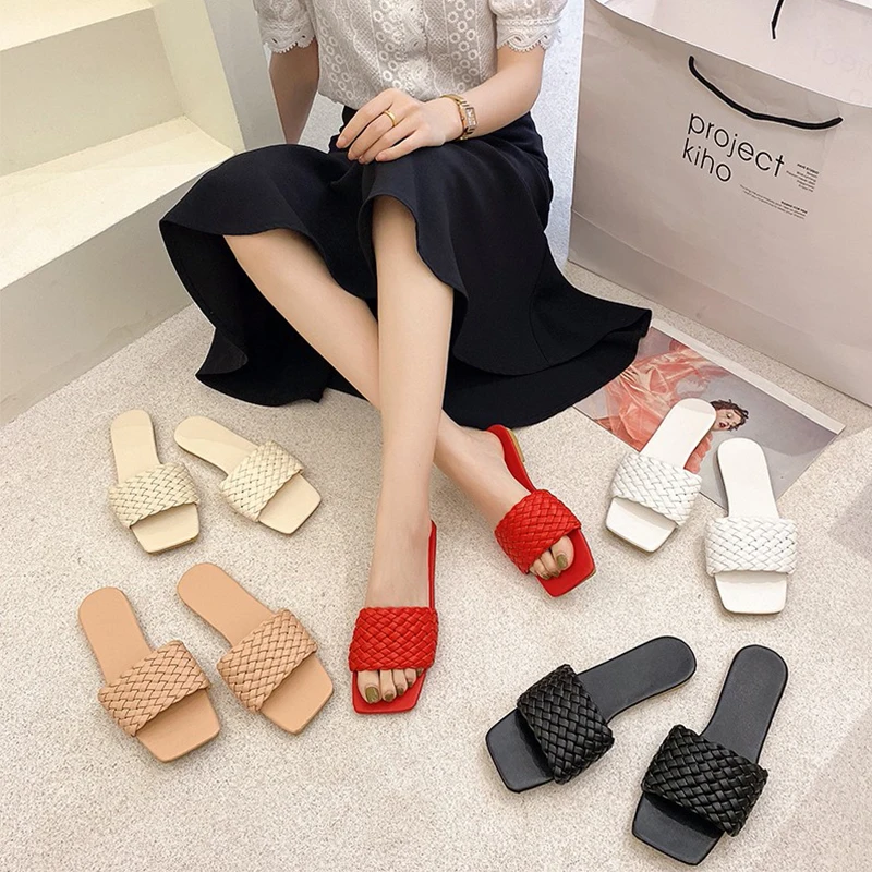 

Women Slippers 2021 Summer Home Slides Flip Flops Outdoor Beach Shoes Women Soft Casual Weave Flats Slippers Plus Size 35-42