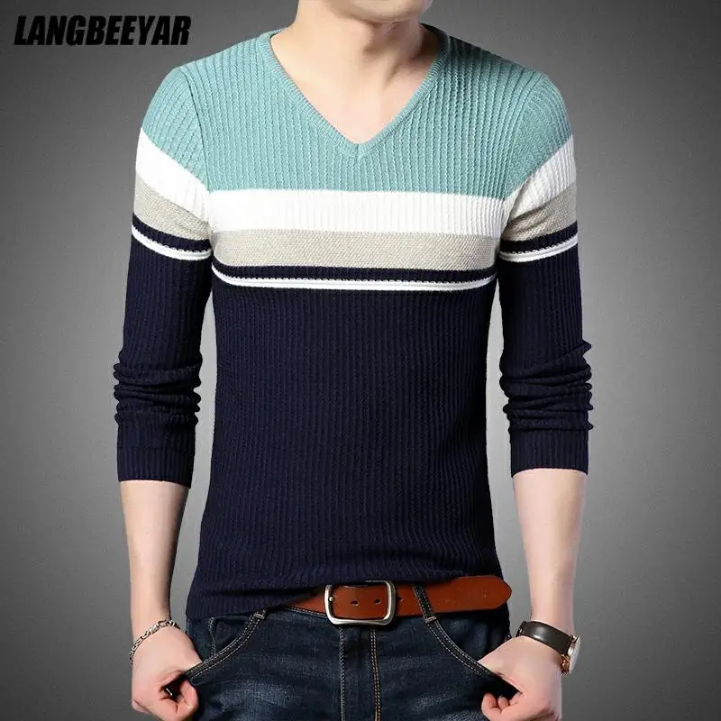 

High Quality New Fashion Brand V Neck Knitted Jumper Men Pullover Striped Sweater Autum Winter Slim Fit Thin Casual Men Clothes