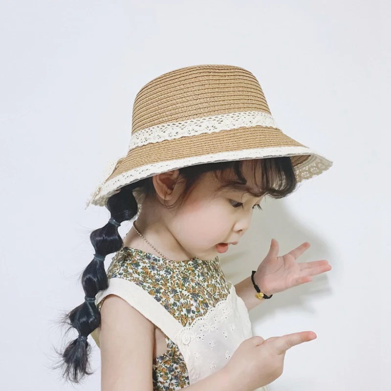 

Leisure Lace Ribbon Bow Hat Children's Straw Hats Outdoors Anti-UV Sun Hat For Girls Summer Beach Cap Panama Baby Hats New Cute