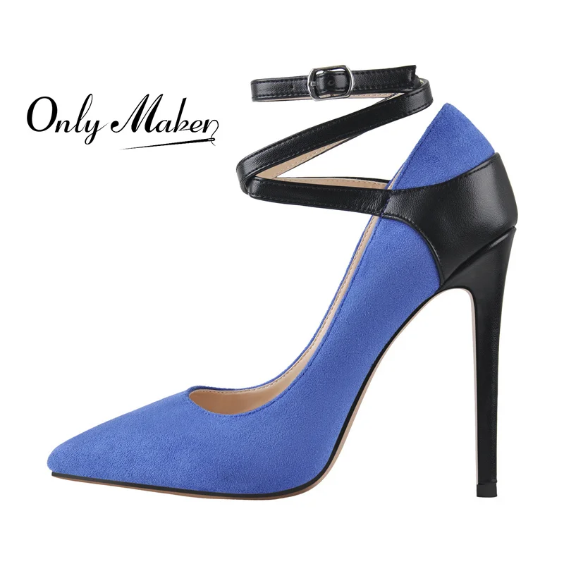 

Onlymaker Women's Pointed Toe T-tied Flock Buckle Strap Stiletto Elegant Evening Dress Large Size Blue Black Pumps