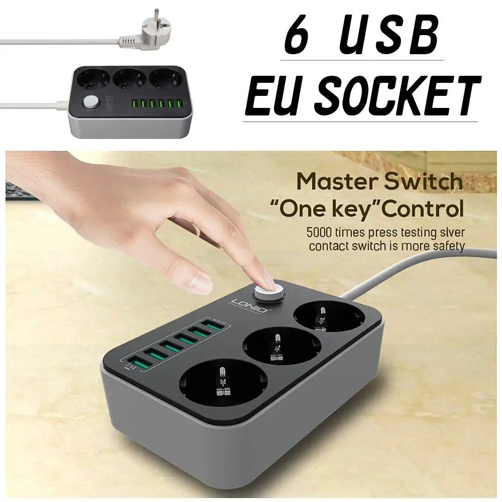 LDNIO, умный USB адаптер, зарядное устройство, 6 портов, 5 В, 3.4A, 2.4A, 3 розетки переменного тока, ЕС, розетка, удлинитель для Iphone 8 X, Xiaomi Mi9