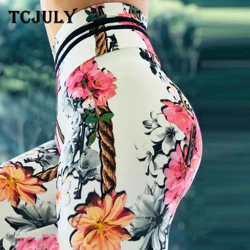 TCJULY сексуальные леггинсы с цветочным принтом высокой талией пуш ап дышащие