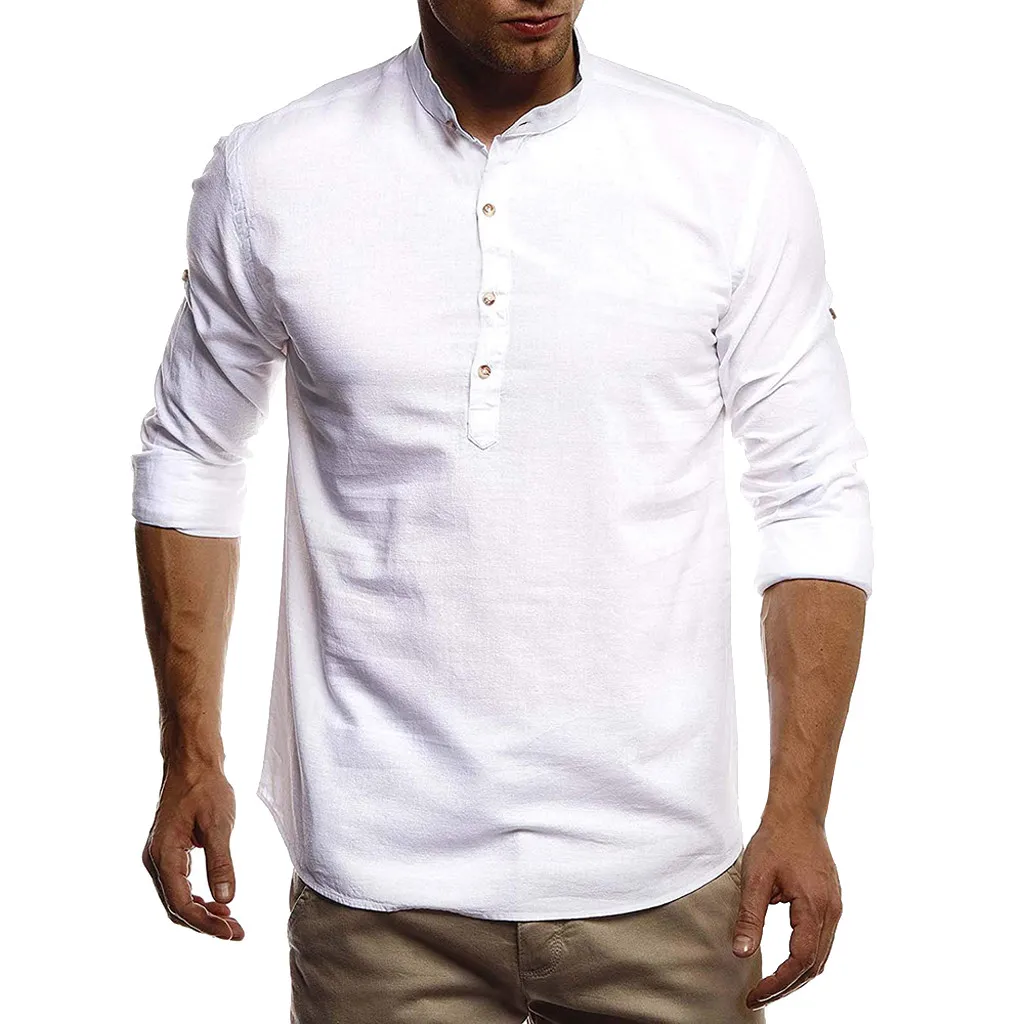 Мужская льняная рубашка SAGACE разноцветная с длинным рукавом и воротником стойкой