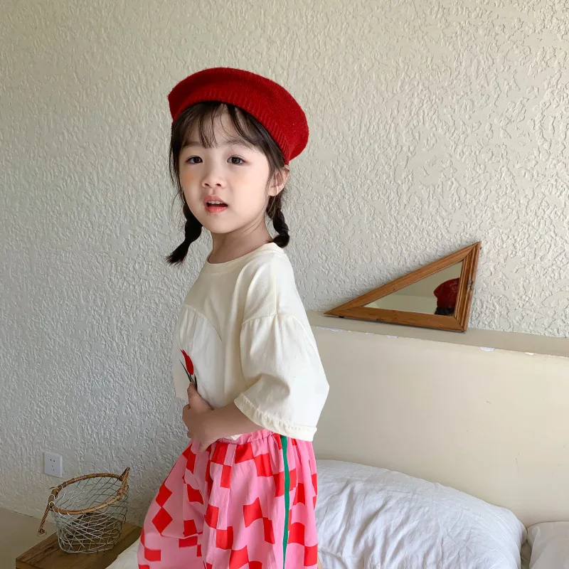 

2021 Summer New Kids Tees Korean Print Tulip Short Sleeve O-Neck Cute T-Shirt