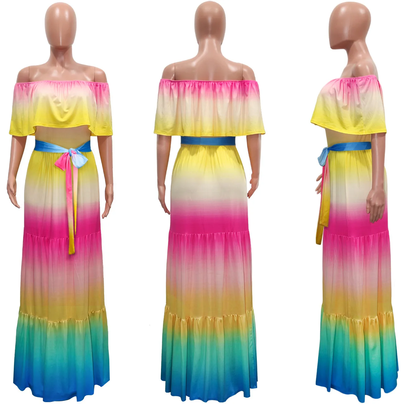 

Women's dress summer women's fashion tie-dye stitching printing sexy one-shoulder mopping and big swing dress [with belt]