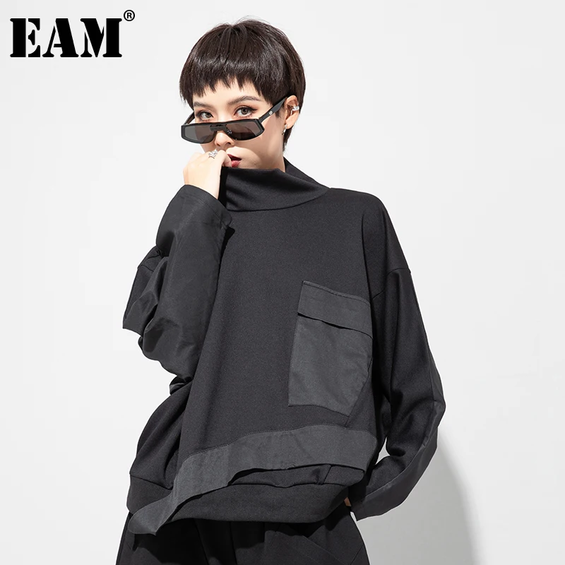 

[EAM] Women Spliced Asymmetrical Pockets T-shirt New Half High Collar Long Sleeve Fashion Tide Spring Autumn 2021 1DD3812