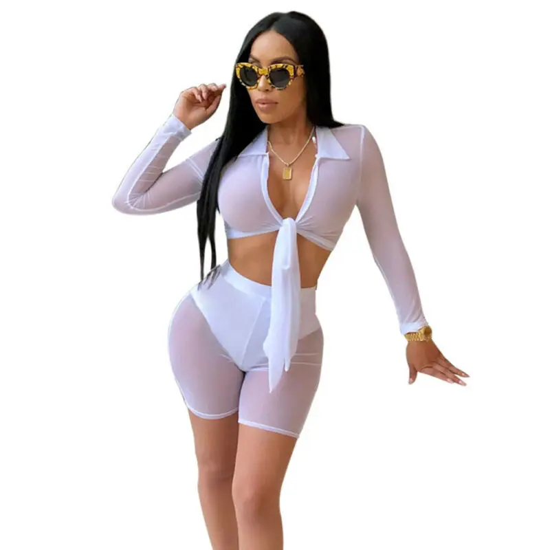 Лето 2019 модный сексуальный женский комплект однотонный прозрачный сетчатый