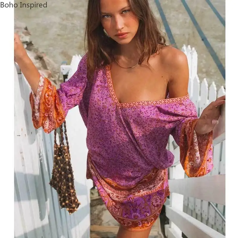 Богемный Вдохновленный туника платье для женщин с длинным рукавом V образным