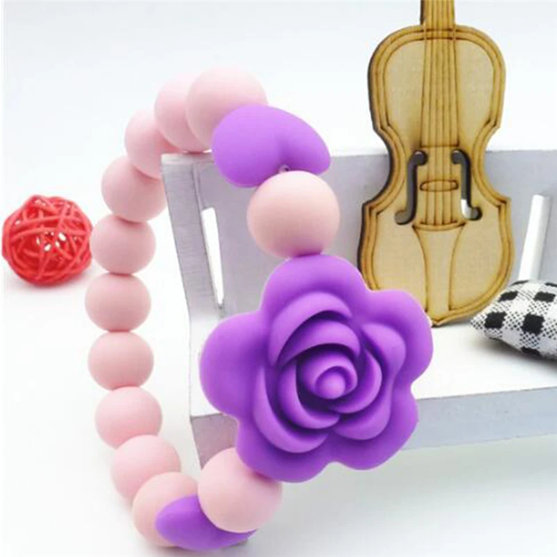 Mordedores de beb&eacute; con cuentas de flores rosas, mordedor de dientes entrenamiento, cadena de silicona de grado alimenticio para ni&ntilde;os-2