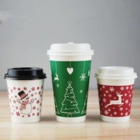50pcs high quality thickening hot drink disposable chirstmas cups new year creative milk tea coffee soy paper cup with lids