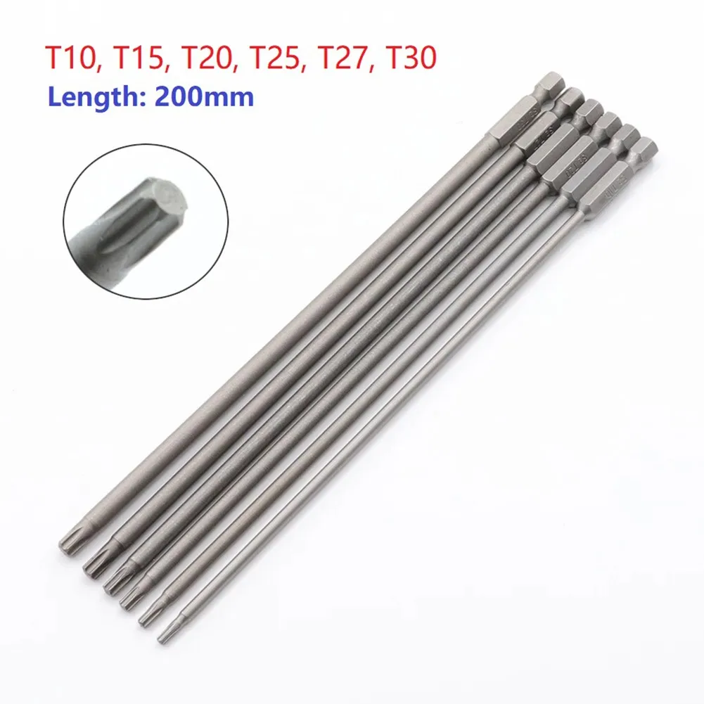 

1/6pc 200mm Magnetic Torx Screwdriver Bit S2 Alloy Steel T10 T15 T20 T25 T27 T30 Hexagon Handle Electric Screwdriver Bits Driver