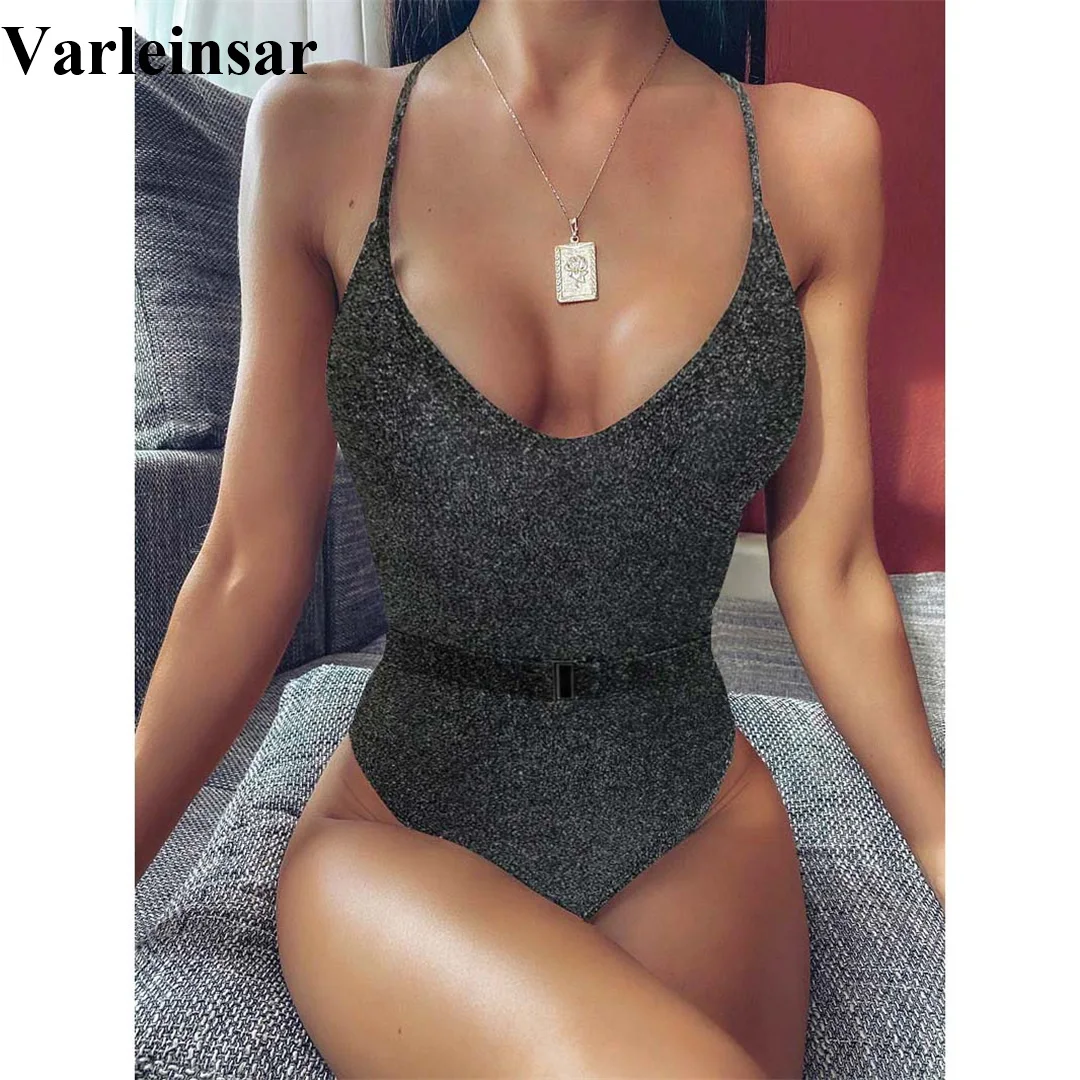 2021 сексуальный купальник с v образным вырезом блестящий Блестящий Цельный