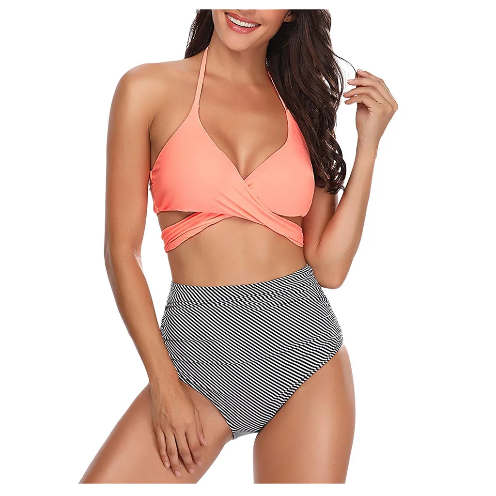 

Brazilian Bikini Panty Women Swimbathing suit Halter Bandage Wrap Bikini Set Push-up Ruched High Waist Swimwear bikinis top