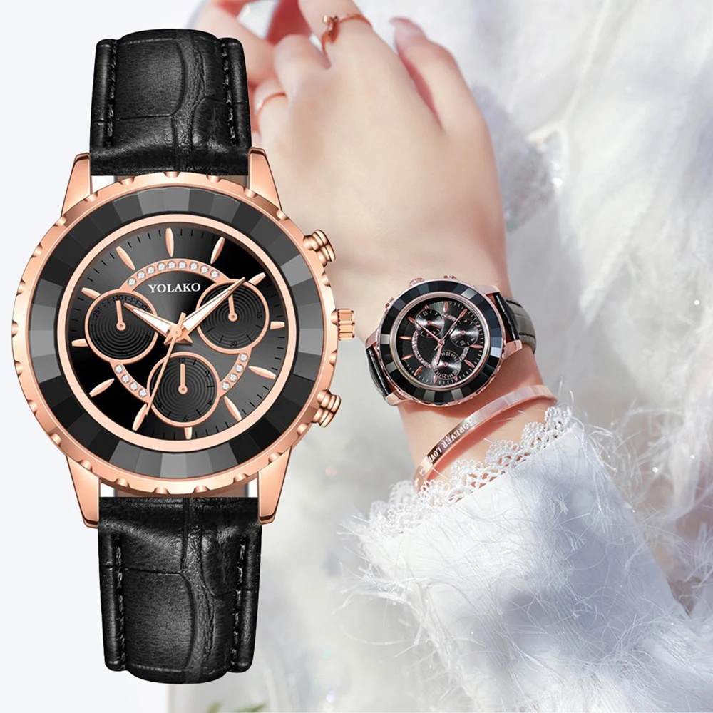 

Luxury Fashion Three Eyes Dial Women Green Watch Quartz Leather Ladies Wristwatches 2020 YOLAKO Brand Woman Clock Montre Femme