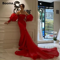 booma red organza mermaid prom dresses off the shoulder puff sleeves formal evening gowns long detachable train party dresses