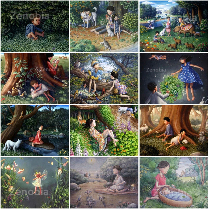 

5D Diamond Painting Retro Pastoral Children Playful Handmade Full Diamond Embroidery Cross Stitch Mosaic Rhinestones Decor Gifts