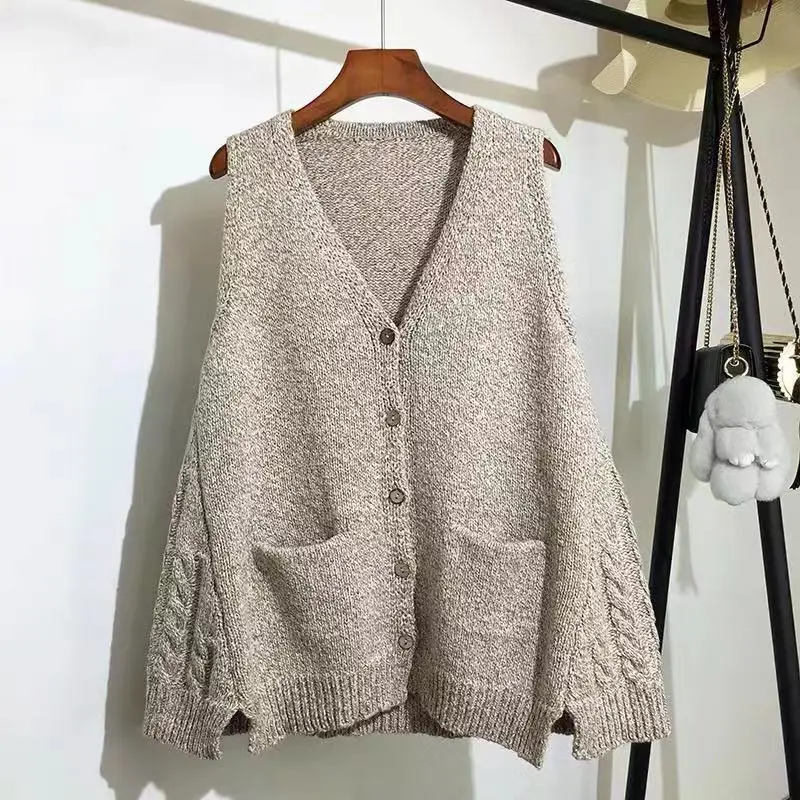 V-образным вырезом с большими карманами вязаный свитер без рукавов для женщин