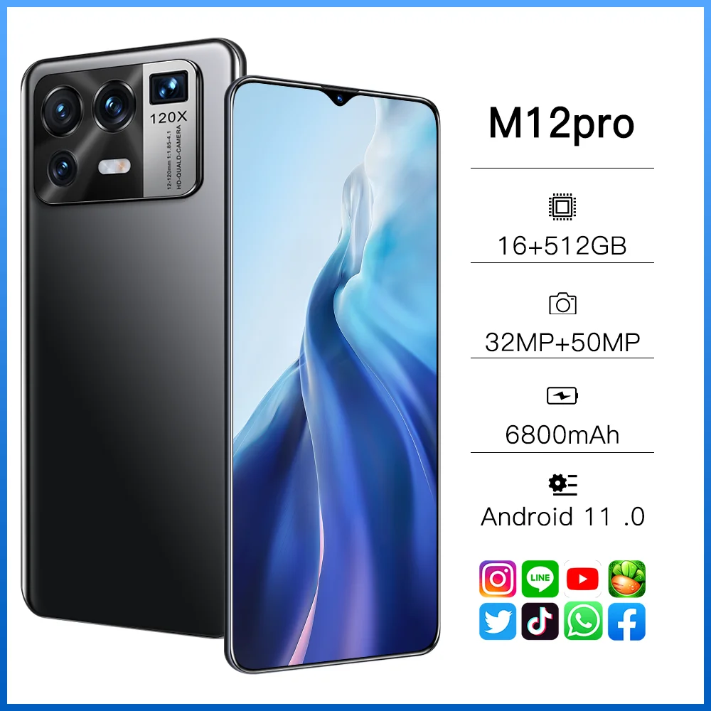 

Global Version M12pro 6.7Inch Smartphones 16GB+512GB Mobile Phones 6800mAh 32MP +50MP HD Camera Android11 Dual SIM 5G Cellphones