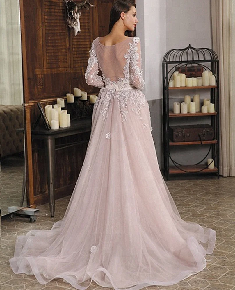 

Pink Long Sleeves Lace Mermaid Evening Dress With Detachable Train Beaded Appliques Formal Prom Gowns Plus Size