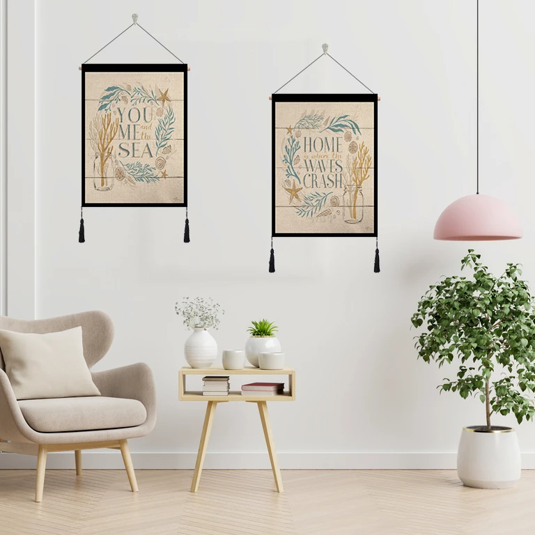 

Polyester hemp Marine life Letter tapestry wall decoration Tassel Wall Hanging Tapestry For Home Living Room