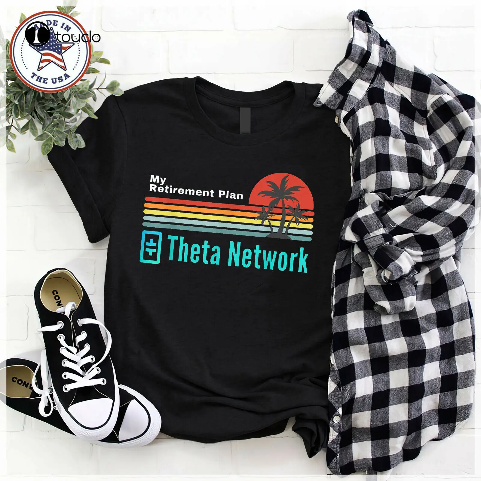 

Черная хлопковая футболка с надписью Theta Network My уход на пенсию