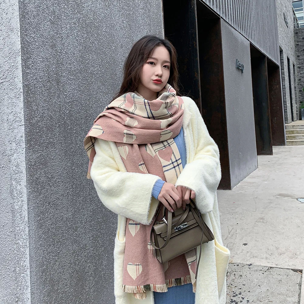 

Large Plaid Scarf Women's Color Matching Knitting Warm Imitation Cashmere Shawl Thickened Scarf Wholesale In Autumn and Winter