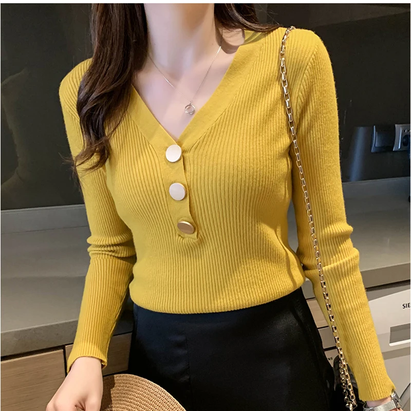 

Spring Autumn Sweater Korean Style Pullover Women V Neck Long Sleeve Thin Basic Pull Femme Winter Sweater Knitted Jumper Mujer
