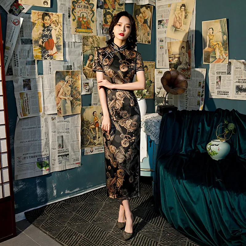 

Sexy Women Short Sleeve Slim Printed Satin Cheongsam Novelty Vintage Chinese Mandarin Collar Qipao Evening Party Dress Vestidos