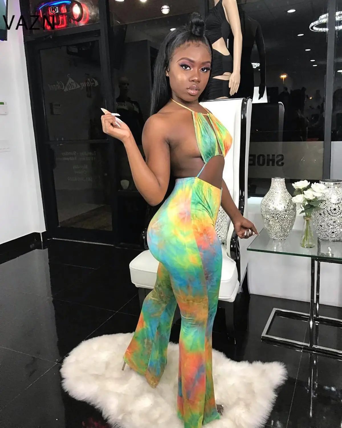 VAZN WYNZ8192 new product 2019 summer sexy lady green jumpsuit long pants halter backless jumnpsuit leopard |