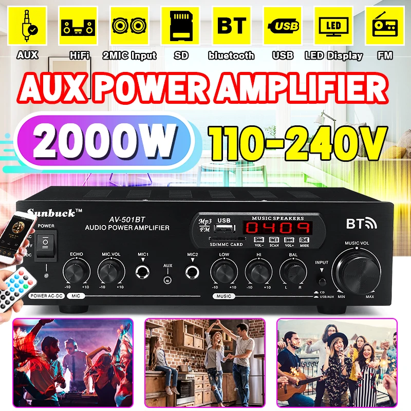 Усилитель мощности bluetooth 2 0 hifi 2000 Вт 220 В/110 В динамик 4 микрофона пульт