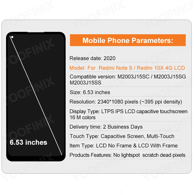 6,53 "Original para Xiaomi Redmi Nota 9 LCD Digitalizador de pantalla t&aacute;ctil de reemplazo de partes para Redmi 10X 4G pantalla LCD M2003J15SC-1