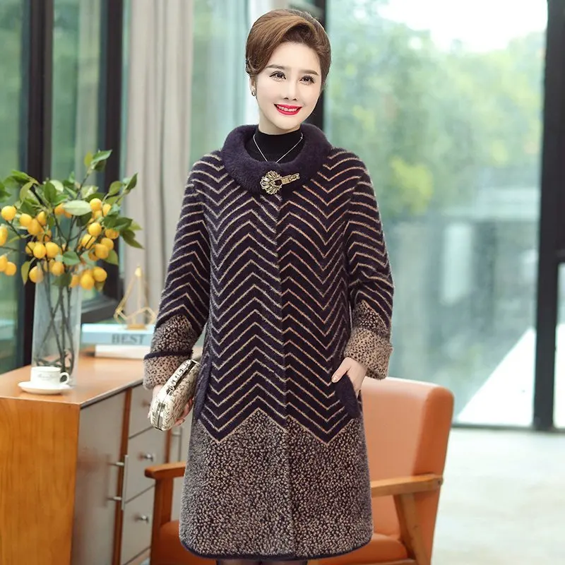 

Womens coats quality Mink Cashmere winter wool coat Wave pattern mom plus size outerwear noble cashmere autumn tops jacket