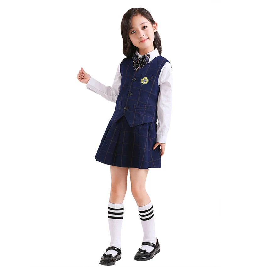 

Kids Korean Japanese Kindergarten Primary School Uniforms Boys Girls Academic Navy Kawaii Waistcoat Vest Tie Clothing Sets Suits