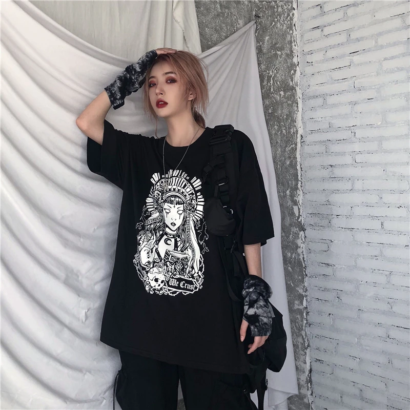 

Womens Short Sleeve T-shirts 2021 Summer Women Tops Korean Ulzzang Harajuku Vintage Black Short Sleeve T Shirt Couple Tops